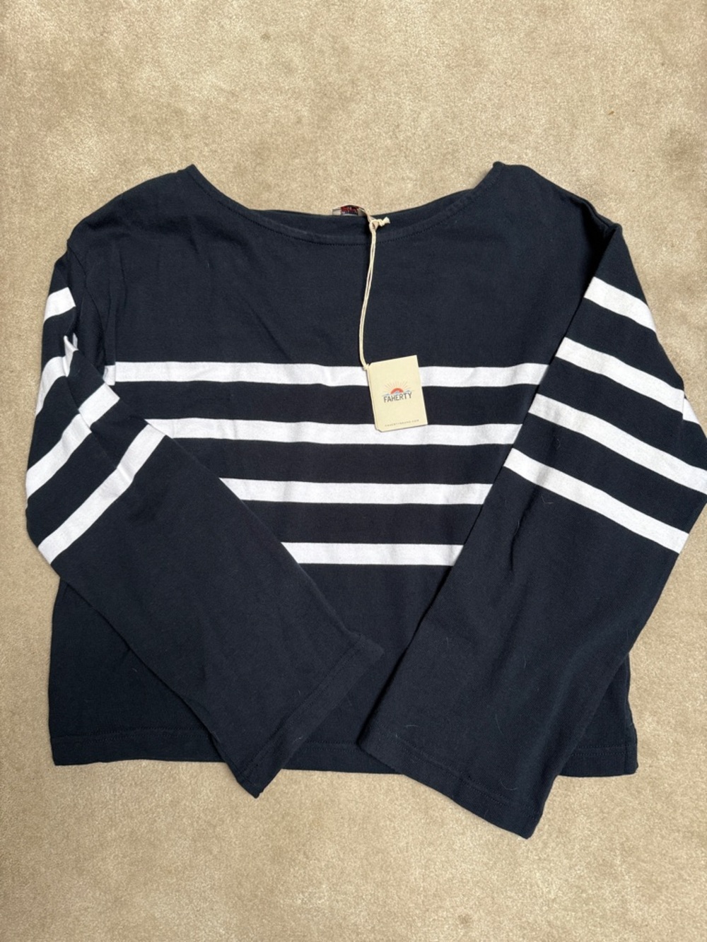 Faherty Navy and White Striped Crewneck Top